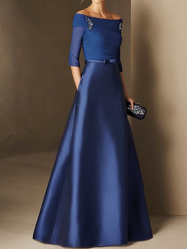  Rochie de seară A-Line Rochie elegantă Logodnă Formală Seară Lungime pe podea Mâneci jumătate Pe umăr Toamna Invitat de nuntă Chiffon cu straturi