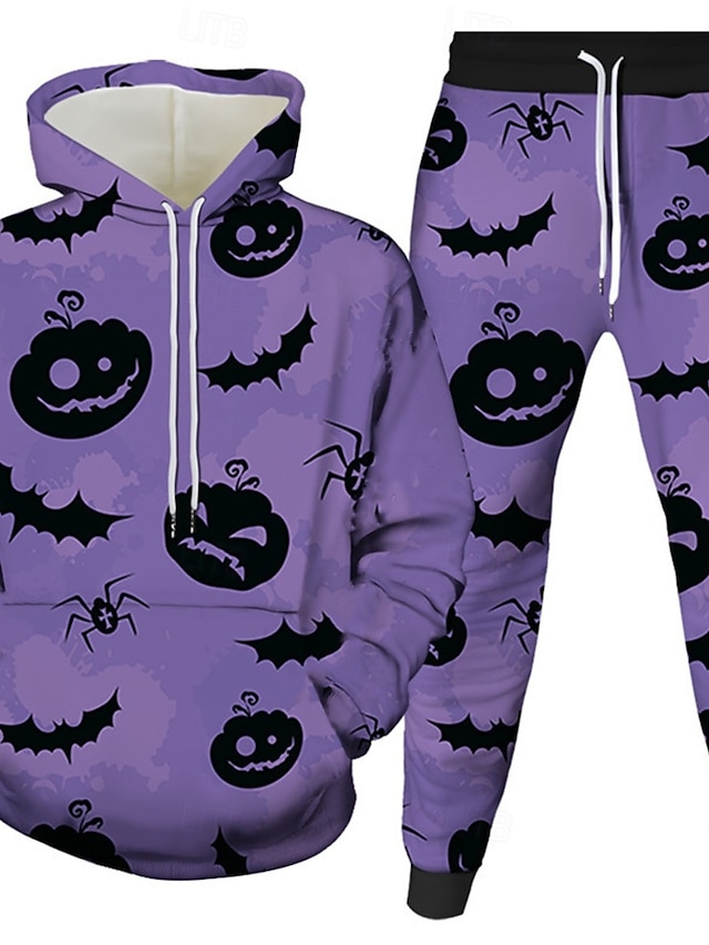  Halloween Herr Katt Spöke Halloween pumpa 2st 3D-tröja set Träningsoverall Hoodie-tröja Långärmad Långa byxor Huva Ledigt vardag Halloween Fritids- Festivalkläder 3D-utskrift Vår Höst Vinter Gul
