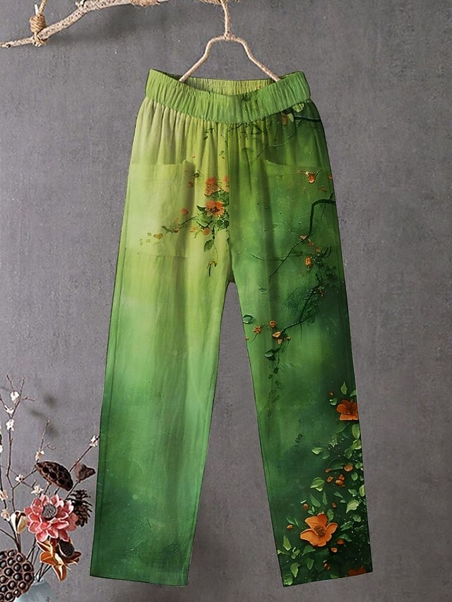Women's Chinos Pants Trousers Streetwear Casual Full Length High Waist Floral Elastic Waist Print Breathability Comfortable Stretchy Vacation Street Daily Wear Green Summer Spring Fall Regular Fit4