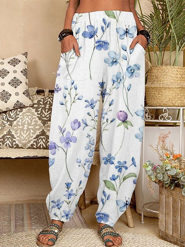 Women's Chinos Pants Trousers Active Fashion Long High Waist Floral Pocket Elastic Waist Printing Breathability Soft Micro-elastic Vacation Street Daily Wear Blue Purple Spring Fall Regular Fit4