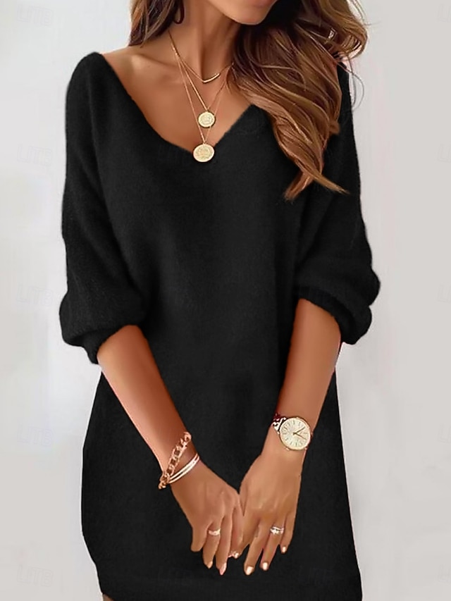  Women's Mini Dress Casual Dress Winter Dress Shift Dress Fashion Modern Daily Beach Weekend Regular Fit Pure Color Long Sleeve V Neck Black Pink Summer Spring Fall Autumn