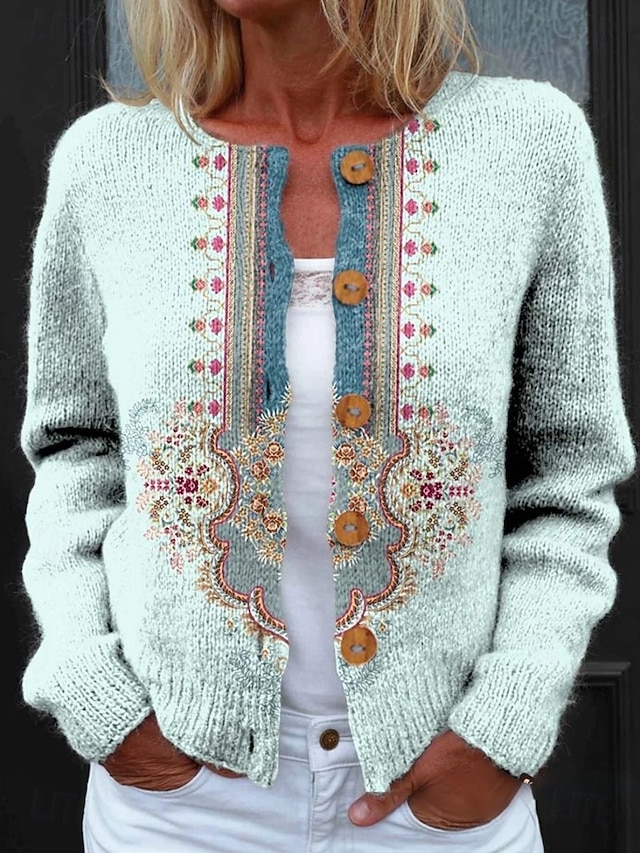  Women's Cardigan Sweater Knitted Ribbed Button Front Round Neck Long Sleeve Lightweight Daily Floral Crew Neck Buttons Print Regular Tops Knit Outdoor Weekend Red Green Spring Fall