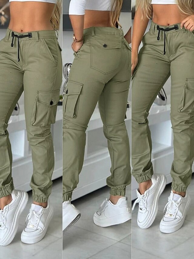Women's Slacks Parachute Pants Streetwear Casual Full Length High Rise Plain Pocket Buckle Comfortable Street Holiday Daily Wear Green Fall Regular Fit4