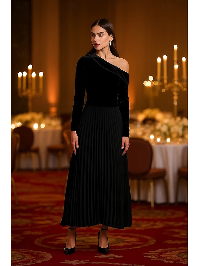  Rochii de cocktail elegante, cu imprimeu A, lungime tip A, rochie de mireasă, lungime tip ceai, mânecă lungă, pe un umăr, din catifea elastică cu pliuri, 2025