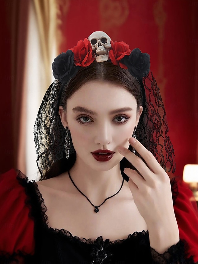  Dámská čelenka s lebkou, červenými a černými růžemi a krajkovým závojem, gotický vlasový doplněk na halloweenský kostým na párty
