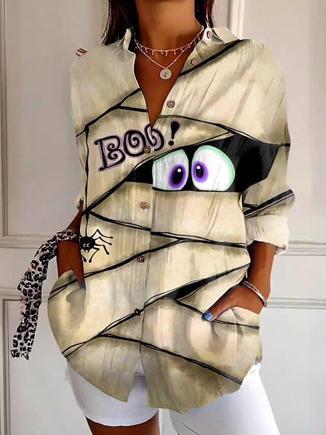 Halloween Women's Shirt Graphic Elegant Vintage Daily Long Sleeve Bishop Sleeve Shirt Collar Regular Tops Daily Holiday Print Khaki Fall Winter4