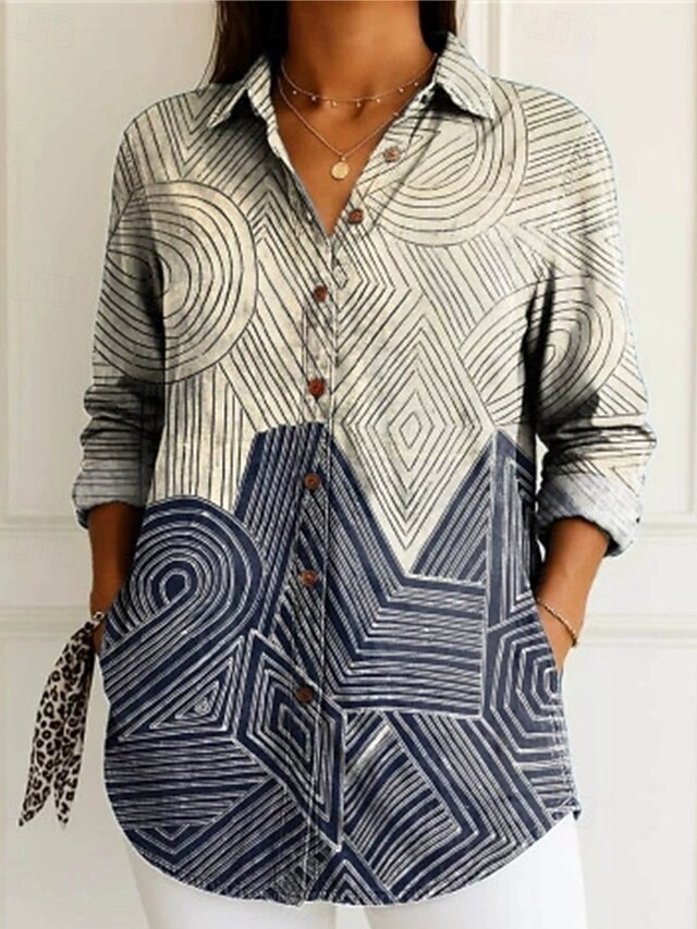 Women's Shirt Blouse Color Block Modern Casual Long Sleeve Shirt Collar Regular Tops Daily Holiday Buttons Blue Summer4