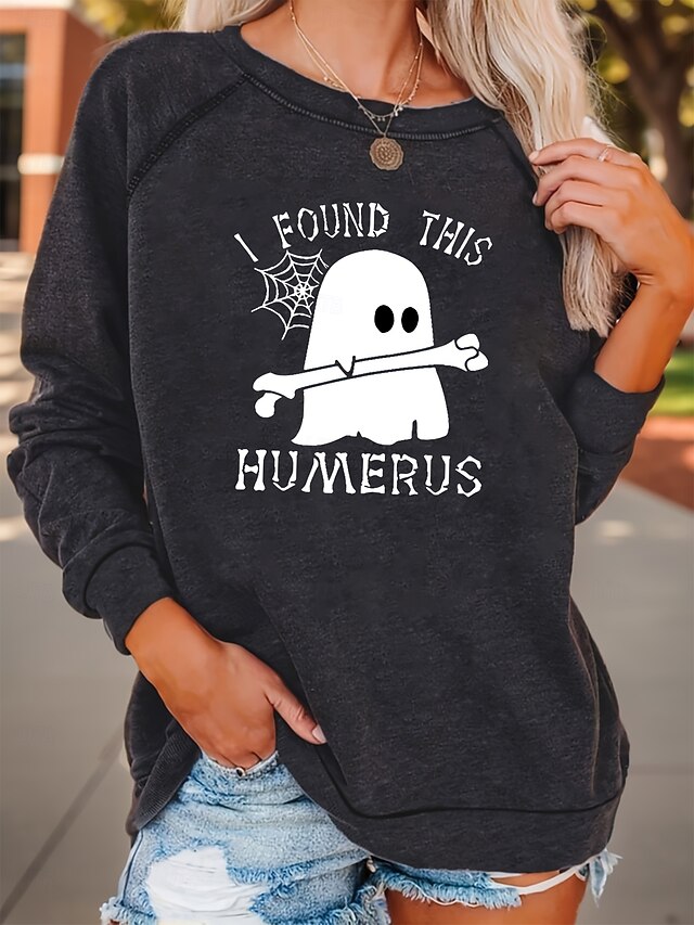 Halloween Women's Pullover Ghost Graphic Letter Casual Long Sleeve Crew Neck Regular Tops Casual Black Fall4