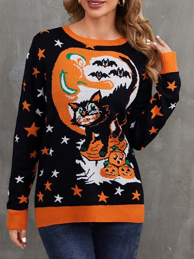 Women's Sweater Pullover Casual Pumpkin Skeleton Ribbed Crew Neck Knitted Print Long Sleeve Regular Tops Knit Halloween Holiday Going out Orange Winter4