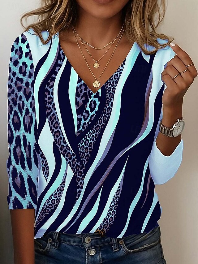  Femmes Tunique T-shirt Léopard Bloc de Couleur Lettre ancien Élégant Occasionnel manche longue Col en V Hauts Réguliers Quotidien Sports Week-end Imprimé Bleu Rose Claire Violet Marron Printemps