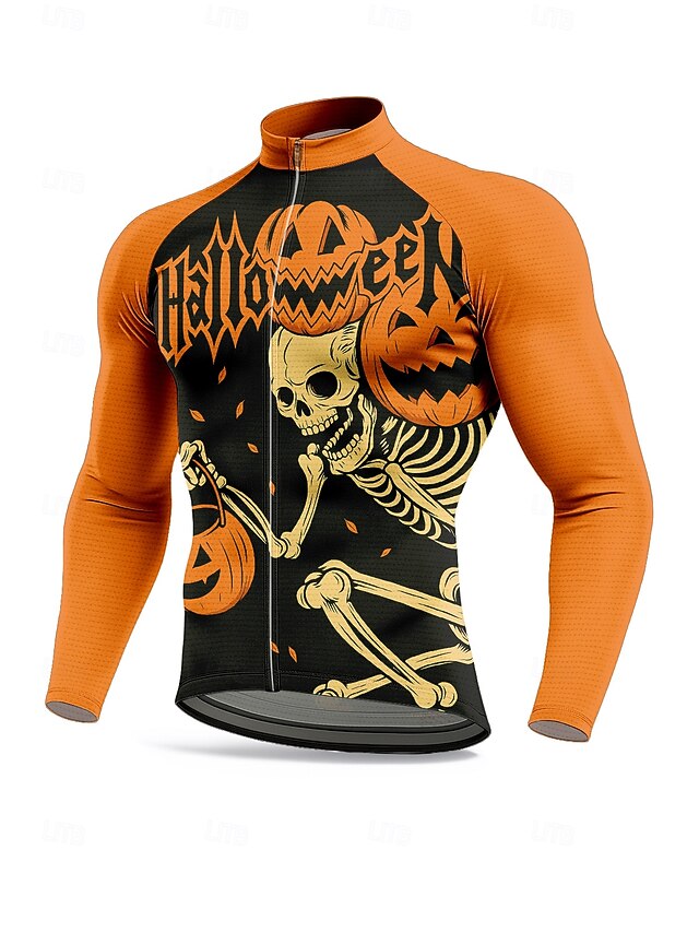 Men Tops Cycling Jersey Graphic Halloween Halloween pumpkin Long Sleeve Bike Jersey Top with 3 Rear Pockets Sun Sun Protection Sunscreen Quick Dry Sports Orange Clothing Apparel4