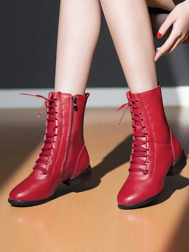  Women's Red Lace-Up Dance Boots - Soft Sole Ankle Boots with Side Zipper for Jazz, Practice and Performance