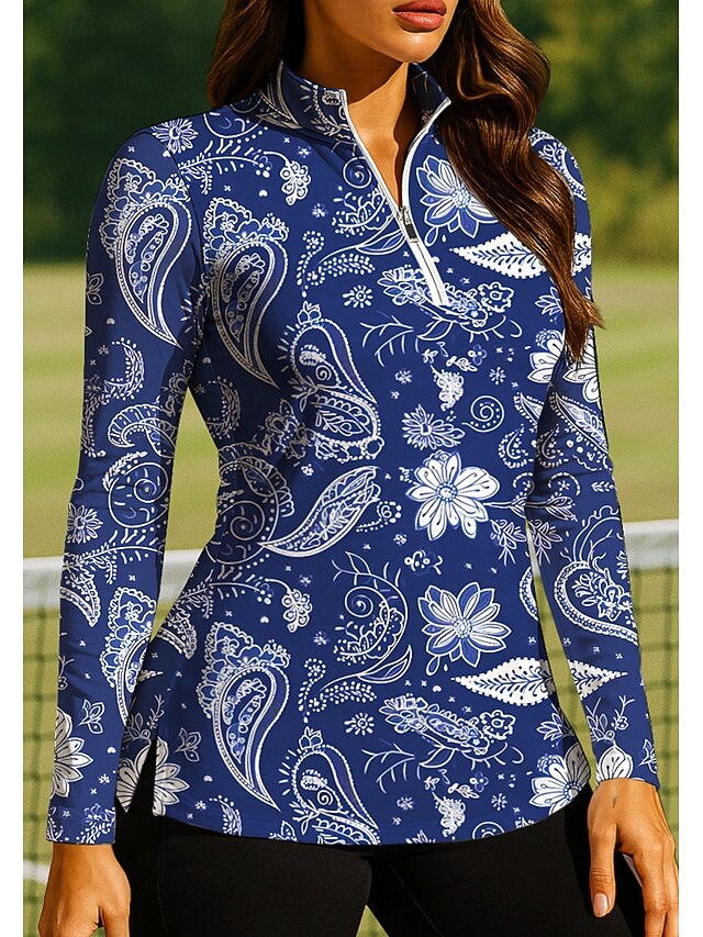 Women's Boho Tops Golf Polo Shirt Tennis Shirt Long Sleeve Print Quarter Zip Pullover UV Protection Elastic Breathable Tennis Golf Pickleball Zip Collar Shirt Polo Blue and White Tennis Clothing4