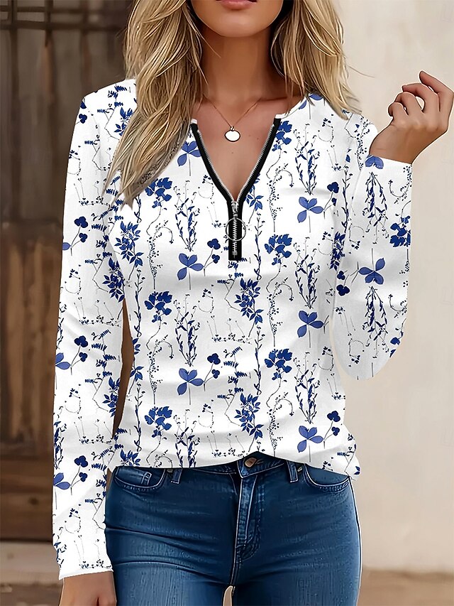 Women's T Shirt Graphic Striped Plants Elegant Vintage Stylish Long Sleeve V Neck Round Neck Notched Neck Regular Tops Daily Weekend Zipper Print Blue Spring Fall Winter4