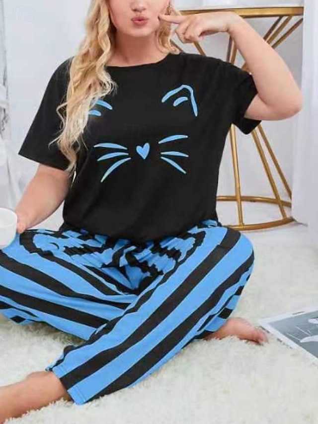 Per donna Attivo Blusa Set di Pantaloni Manica Corta Girocollo Gatto A righe Stampato Vacanza Casual Quotidiano Nero Giallo Rosa Autunno Vestibilità regolare