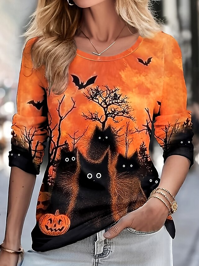 Halloween Women's T shirt Black Cat Graphic Cat Pumpkin Vintage Stylish Classic Long Sleeve Crew Neck Round Neck Regular Tops Daily Print Orange Fall Winter4