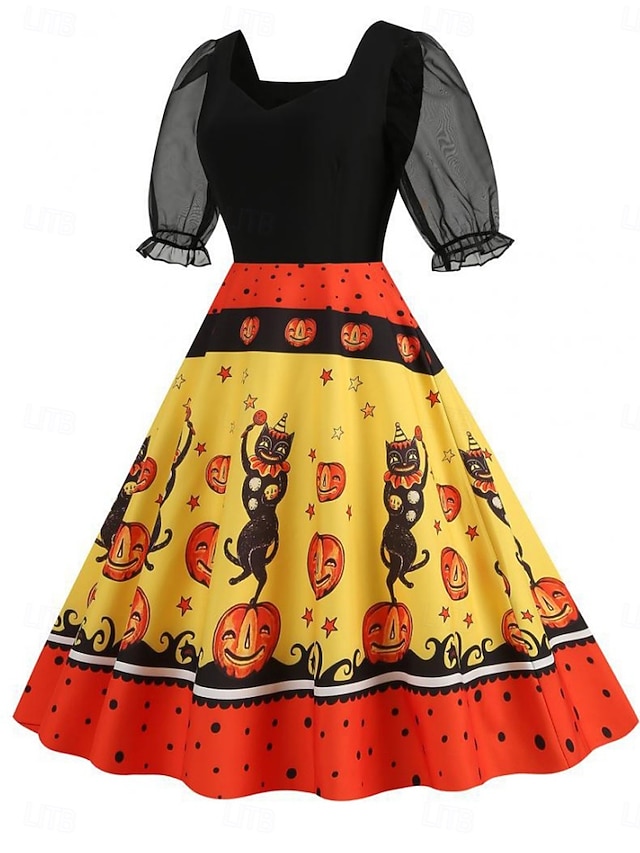  Halloween Pentru femei Rochii Midi Rochie A line Casual Zilnic Concediu Fit regulat Dovleac panza de paianjen Manșon scurt Pătrat Negru Galben Mov Vară Primăvară Toamnă