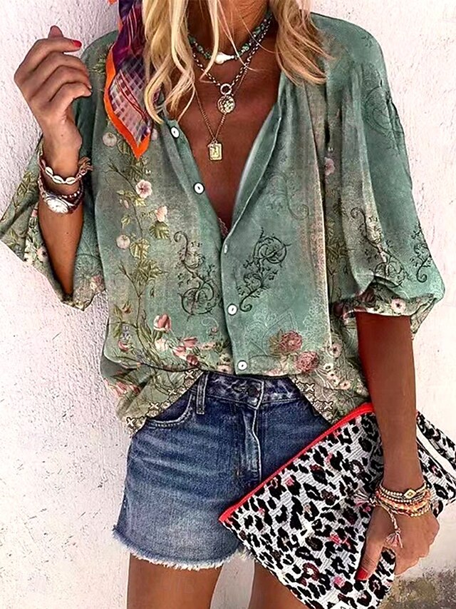 Women's Summer Tops Floral Graphic Bohemia Vintage Daily 3/4 Length Sleeve V Neck Regular Tops Daily Holiday Beach Wear Print Light Green Pink Rose Pink Summer Spring Fall4