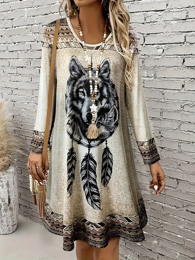  Damen Minikleid T-Shirt-Kleid Sommerkleid A Linie Kleid Lässig Täglich Ausgehen Normale Passform Grafik Stammes Langarm Rundhalsausschnitt Kamel Herbst Winter