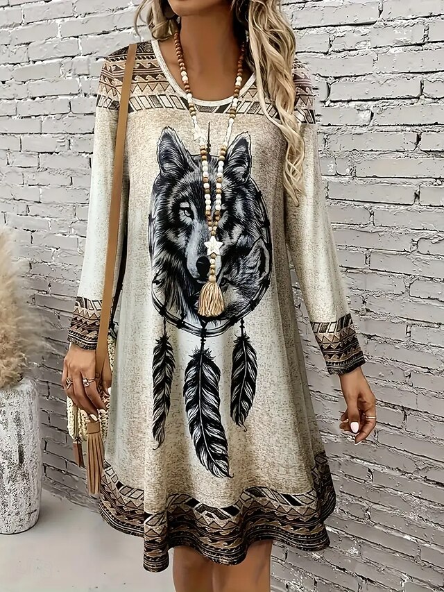 Women's Mini Dress T Shirt Dress Tee Dress Sundress A Line Dress Casual Daily Going out Regular Fit Graphic Tribal Long Sleeve Crew Neck Camel Fall Winter3