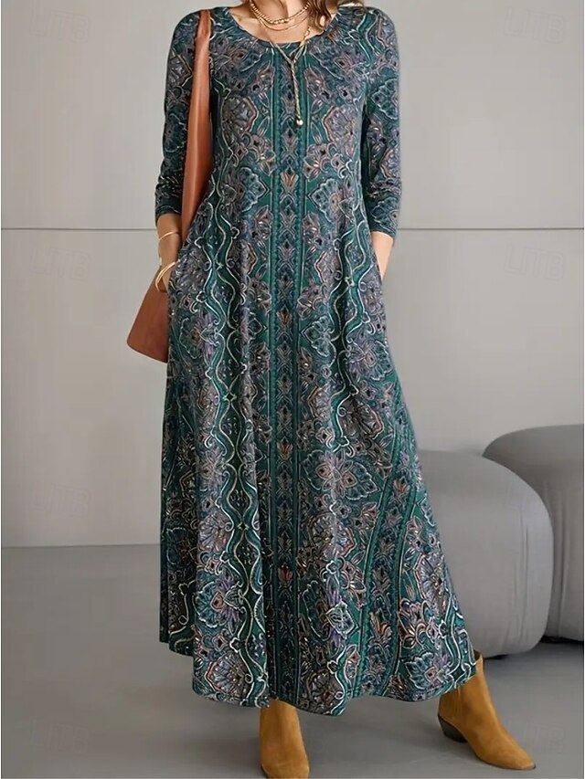 Women's Maxi Dress A Line Dress Summer Dress Vacation Casual Boho Daily Regular Fit Graphic Geometric Long Sleeve Crew Neck Blue Summer Spring Fall Winter4