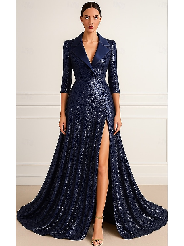  Rochie de smoking Linia -A Oficial Nuntă Invitat la nunta Sequin Strălucire Elegant Mânecă 3/4 plisată Lungime Podea revere crestate