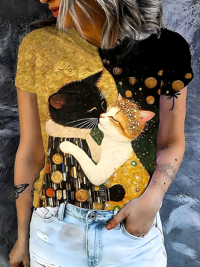  Dámské Tričko Grafika Zvíře Kočka Vinobraní stylové Klasické Krátký rukáv Tričkový Kulatý Běžné topy Denní Víkend Tisk Zlatá Léto Jaro Podzim