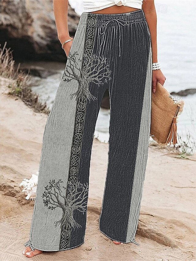 Women's Wide Leg Pants Trousers Palazzo Pants Fashion Boho Full Length High Waist Color Block Tree Drawstring Elastic Waist Print Breathability Comfortable Street Daily Wear Going out Gray Spring Fall4