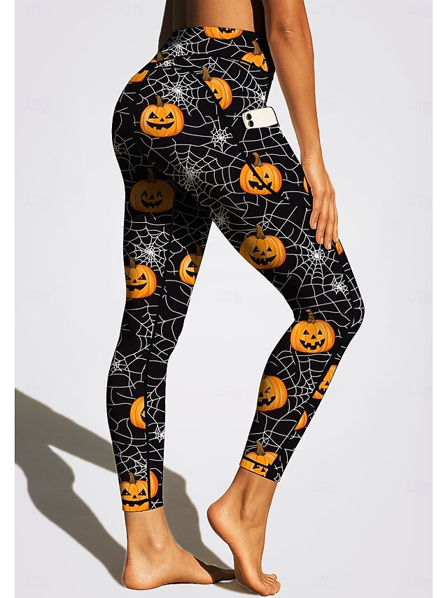 Women's pilates leggings fitness pants Gym Leggings Pockets Stamp Duty Side Pockets Pilates Gym Gym Workout Pants Tights Leggings Graphic Halloween Black / Orange Sports Activewear Stretchy Tight Fit4