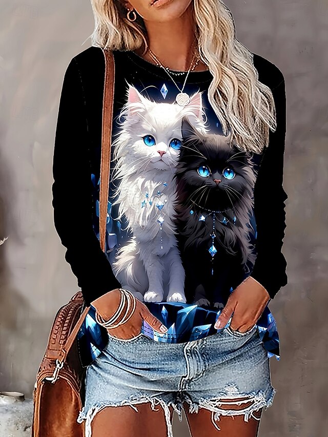 Women's T Shirt Graphic Animal Cat Vintage Stylish Classic Long Sleeve Crew Neck Regular Tops Daily Print Black Summer Spring Fall4