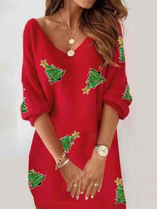 Women's Mini Dress Christmas Dress Casual Dress Winter Dress Shift Dress Fashion Modern Christmas Daily Beach Regular Fit Tree Long Sleeve V Neck Red Summer Spring Fall Autumn4