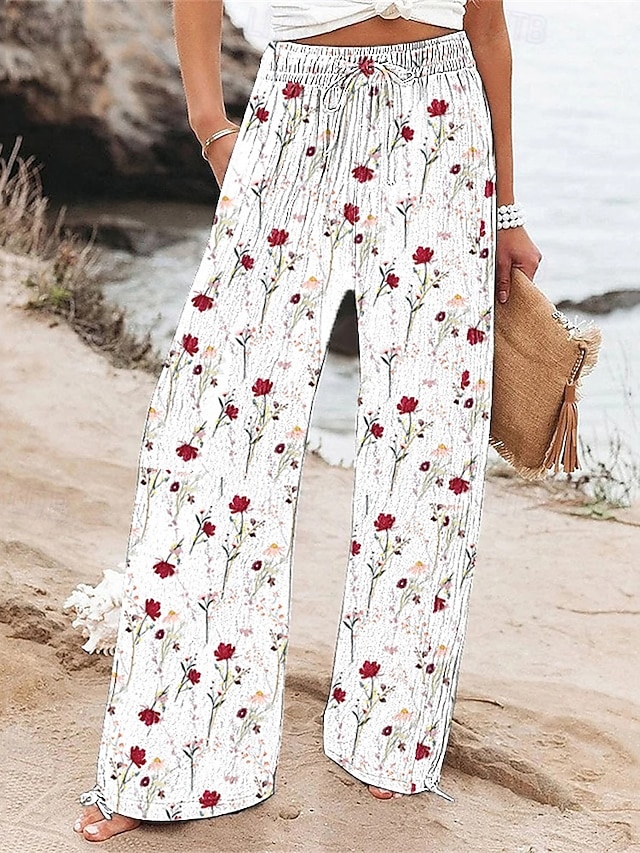  Per donna Gamba larga Pantaloni Pantaloni Palazzo Moda Boho Lunghezza intera Vita Alta Fiore Coulisse Elastico in vita Stampato Traspirabilità Confortevole Streetwear Abbigliamento quotidiano Uscire