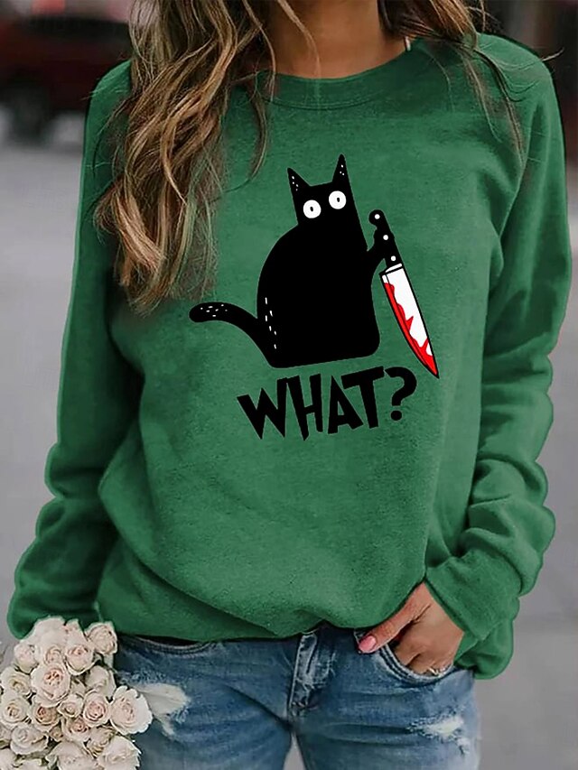  Damskie Bluzy Graficzny Kot Litera Moda Codzienny Długi rękaw Półgolf Okrągły dekolt Zwykłe topy Ulica Na co dzień Codzienny Nadruk Niebieski Pomarańczowy Brązowy Zielony Jesień Zima