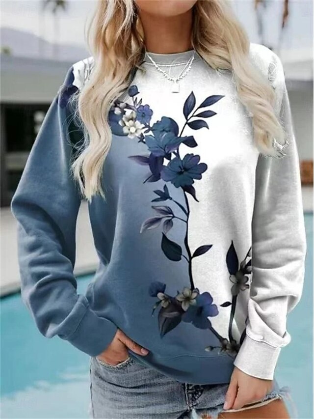 Women's Sweatshirts Floral Print Graphic Casual Long Sleeve Crew Neck Round Neck Regular Tops Street Dailywear Casual Print Blue Spring Fall Winter4