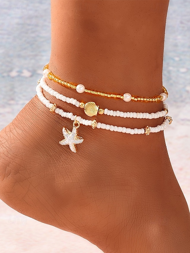  3-delige enkelbandset voor dames – gouden legering en witte kralen met zeesterren- en schelpbedels, bohemian strandsieraden voor zomervakanties en casual outfits