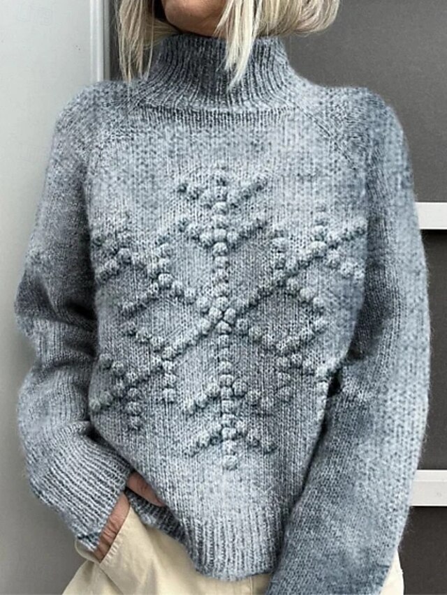 Women's Pullover Vacation Daily Snowflakes Ribbed Turtleneck Knitted Print Long Sleeve Regular Tops Knit Outdoor Daily Holiday Blue Fall Winter4