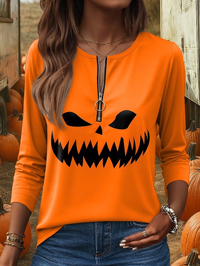 Halloween Women's T shirt Pumpkin Graphic Vintage Stylish Casual Long Sleeve Round Neck Regular Tops Daily Weekend Zipper Print Black Yellow Orange Spring Fall Winter4