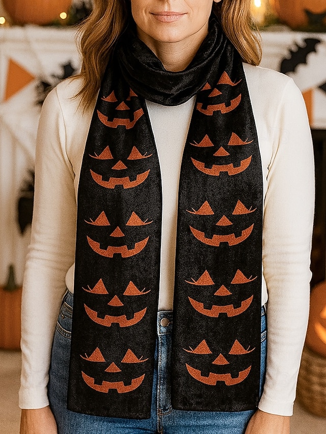  Eșarfă imprimată de Halloween pentru femei – șal lung și confortabil cu modele de fantome, jack-o'-lantern și vrăjitoare, accesoriu moale și ușor de toamnă pentru petreceri costumate, Halloween, festivaluri și purtare zilnică