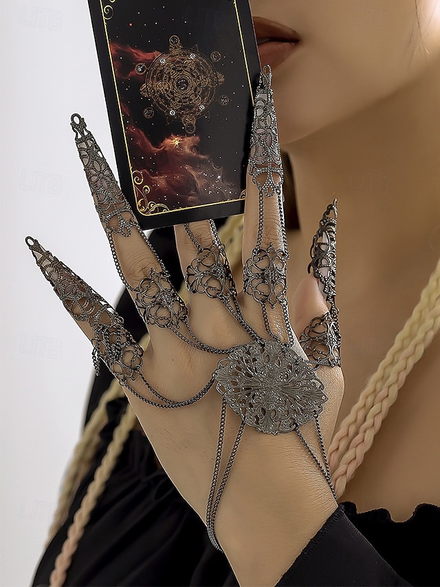  Halloween gotisk fingerkloarmbånd til dame – vintage filigran metallhåndsmykke med kjedeledd til kostymefester, cosplay og heksestil