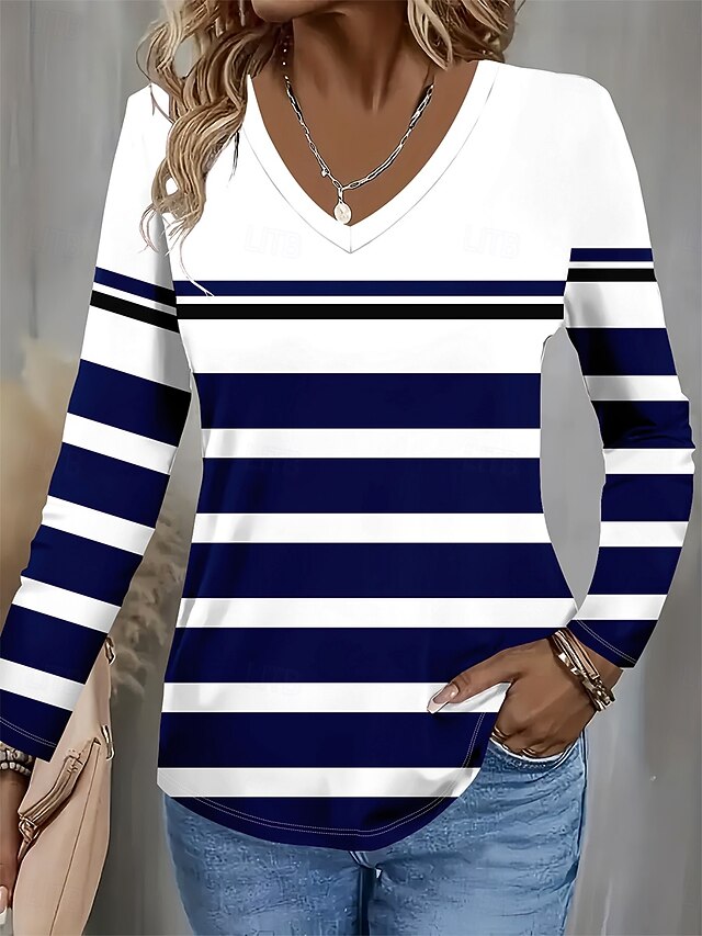 Women's T Shirt Graphic Geometric Striped Vintage Stylish Classic Long Sleeve V Neck Regular Tops Daily Print Navy Blue Spring Fall Winter4