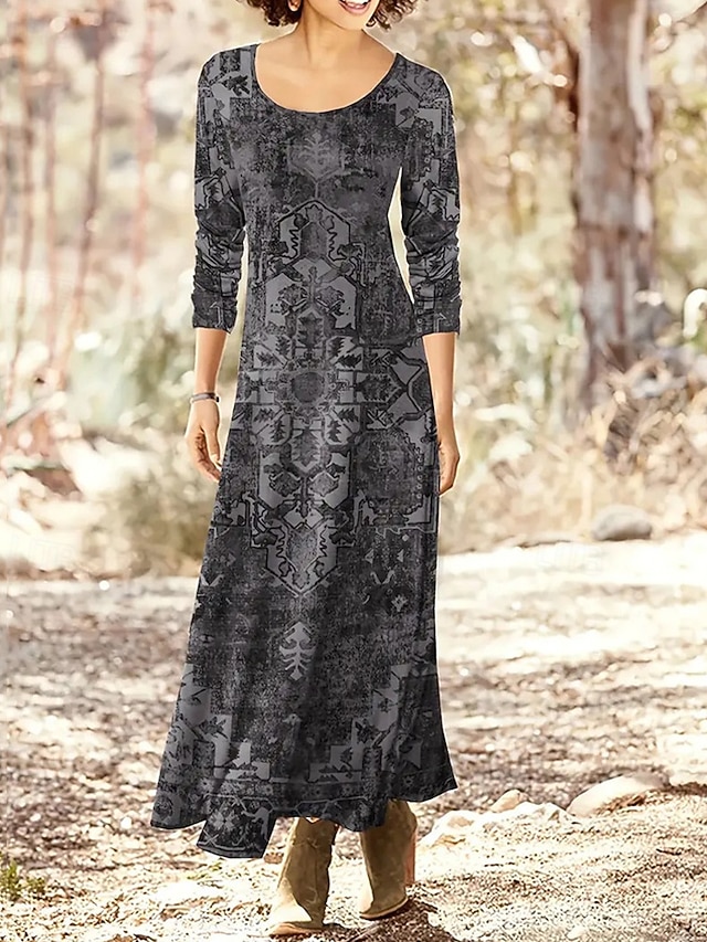  Damen Langes Kleid Maxikleid Freizeitkleid Druckkleid Vintage Mode Täglich Date Wochenende Normale Passform Blume Langarm Rundhalsausschnitt Blau Dunkelgray Frühling Herbst