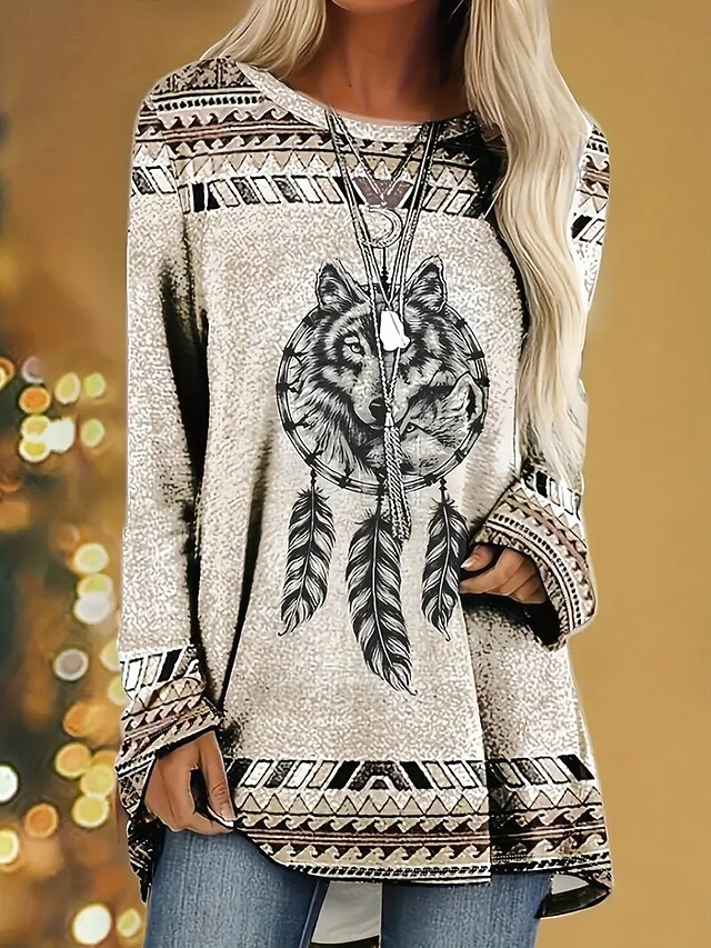Women's T Shirt Graphic Animal Tribal Vintage Stylish Classic Long Sleeve Crew Neck Round Neck Regular Tops Daily Print Khaki Gray Spring Fall3