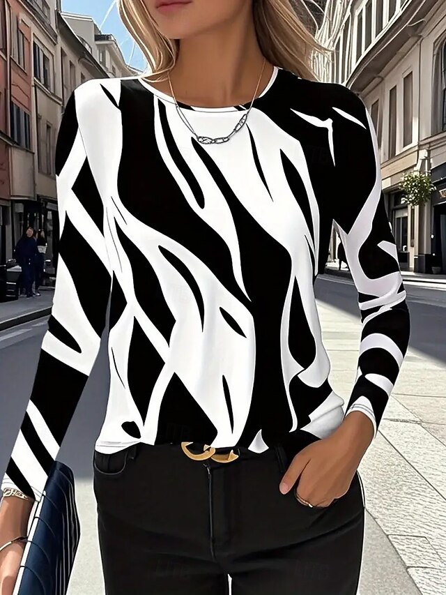 Women's T Shirt Graphic Geometric Fashion Casual Long Sleeve Crew Neck Round Neck Regular Tops Daily Weekend Print White Summer Spring Fall3