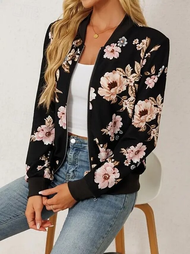 Women's  Bomber Jacket Warm Quick Dry Zipper Pocket Elegant Fashion Daily Simple Floral Vacation Casual Daily Holiday Regular Baseball Collar Regular Fit Long Sleeve Outerwear Black Green Fall3