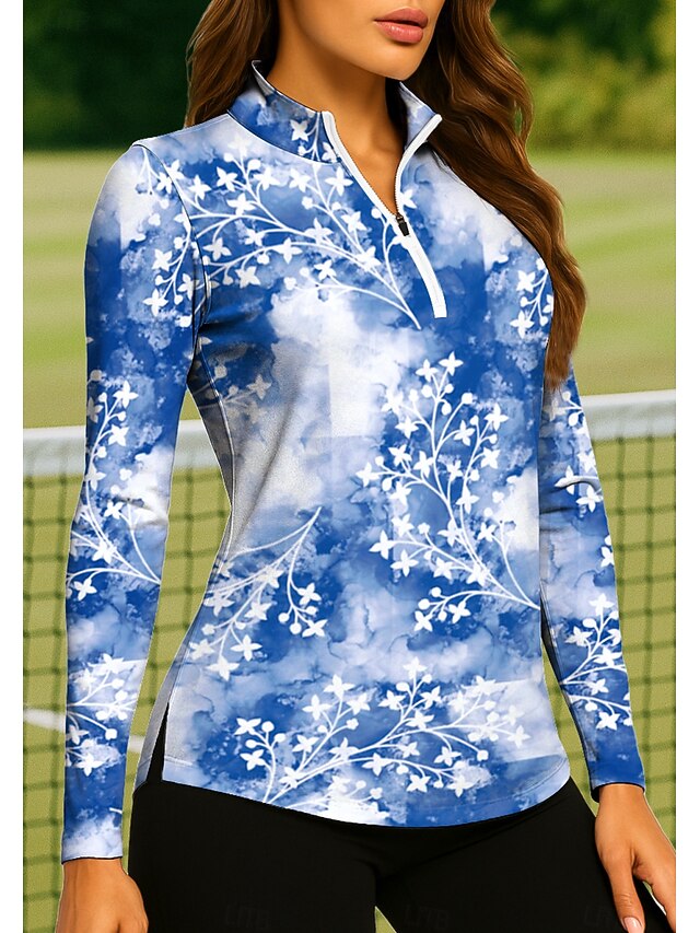 Women's Tie Dye Plants Tropical Floral Botanical Tops Golf Polo Shirt Tennis Shirt Tennis Tee Long Sleeve Print Quarter Zip Pullover UPF50+ UV Protection Elastic Breathable Tennis Golf Pickleball Zip4