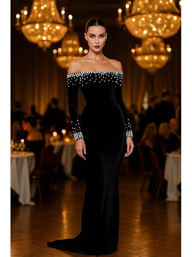  abito da sera elegante in velluto elasticizzato con cravatta nera, a sirena/tromba, con perle, formale, da sposa, strascico a ruota, manica lunga, spalle scoperte, 2025