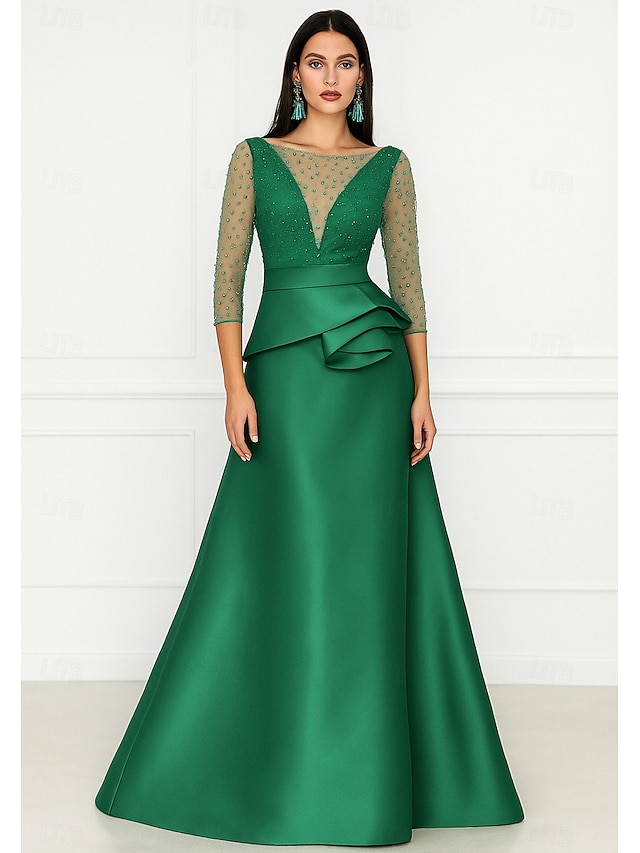  A-Line Floor Length Evening Gown Ball Gown Formal Dress Elegant 3/4 Length Sleeve Illusion Neck Formal Wedding Pink Dress Satin with Beading