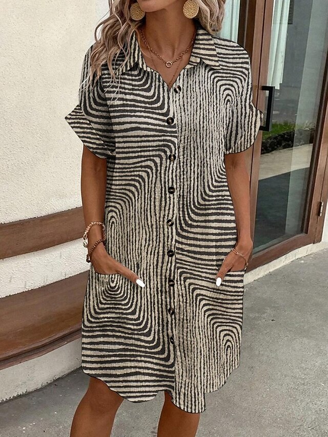 Women's Mini Dress Shirt Dress Casual Dress Print Dress Fashion Modern Daily Beach Weekend Regular Fit Geometric Short Sleeve Shirt Collar Khaki Summer Spring Fall Autumn4