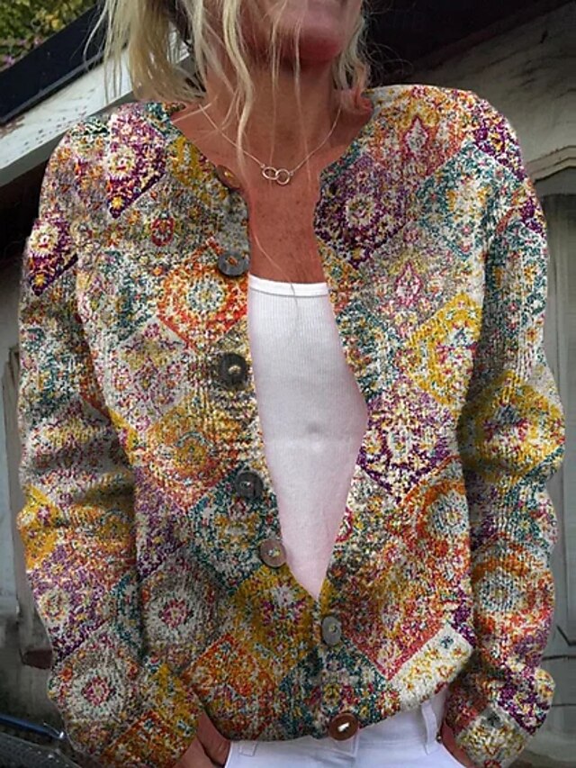 Women's Cardigan Vacation Daily Floral Ribbed Crew Neck Buttons Print Long Sleeve Regular Tops Knit Outdoor Daily Holiday White Blue Fall Winter4