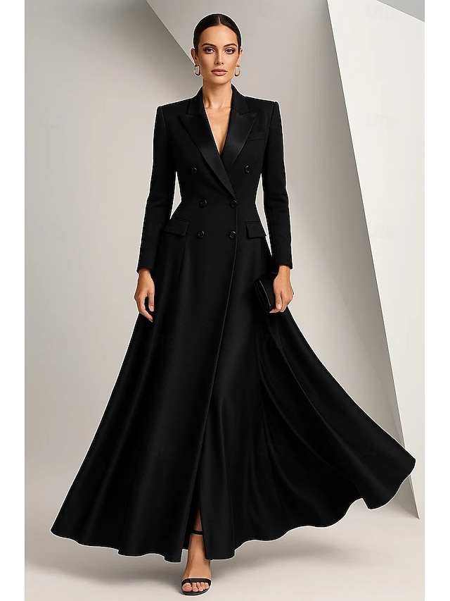  schwarzes Smokingkleid Blazerkleid A-Linie Kleid für die Brautmutter elegantes spitzes Revers bodenlanges Stretch-Satin Langarm mit Volltonfarbe 2025